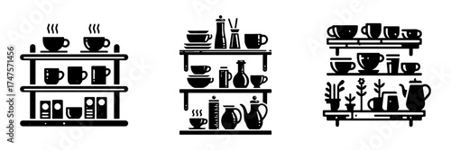 Modern Minimalist Shelf with Cups Icon, Flat Silhouette of Furniture and Kitchenware Vector for Café Illustration Design