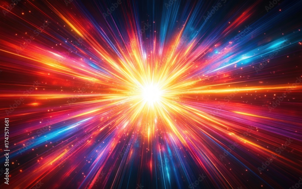 Naklejka premium Bright vibrant explosion of colorful light beams radiating outward with dynamic motion and glowing particles creating a sense of energy and cosmic wonder