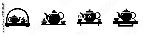 Modern Minimalist Teapot on Table Icon, Flat Silhouette of Kitchenware Vector for Café Illustration Design