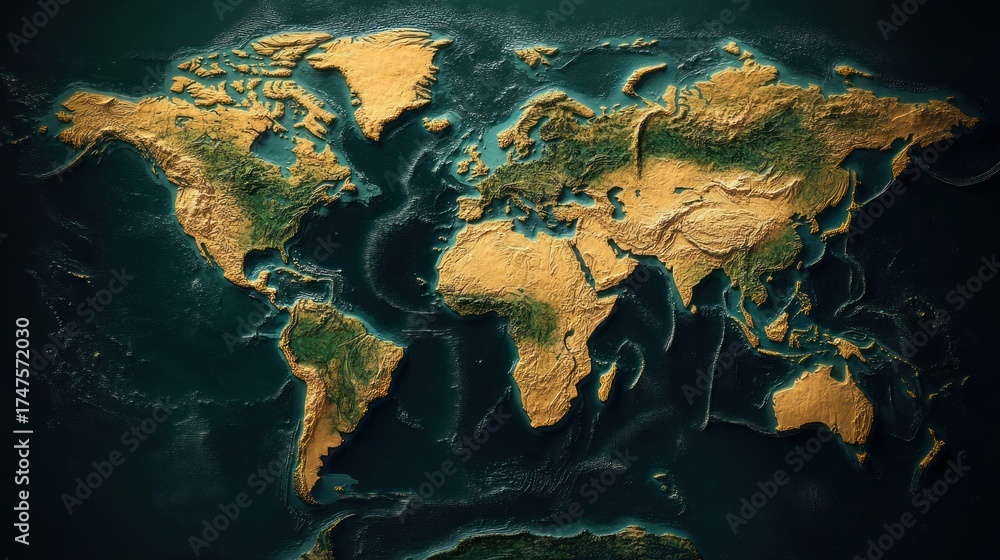 Obraz premium Detailed raised relief map of the world showing continents and ocean depths with textured landmasses and underwater terrain in contrasting colors