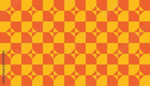 A seamless geometric pattern in orange and yellow tones featuring repeating diamond and square shapes. The bright warm colors create a modern retro vibe