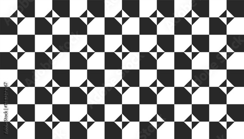 Seamless black and white geometric pattern featuring alternating square and diamond shapes. The minimalist monochrome design creates a modern and optical effect