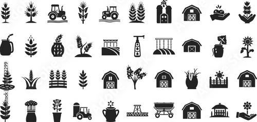 Agriculture icons, farming set, barn, tractor, crop, plant growth, organic farming, harvest, rural landscape, eco agriculture, garden tools, sustainable cultivation