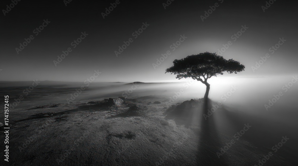 Fototapeta premium Lone tree on hill with mist, dramatic monochrome landscape, soft light, and long shadows