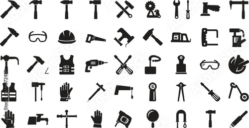 Construction and repair tools icons set, hammer, wrench, screwdriver, saw, safety helmet, gloves, drill, equipment, mechanic tools, industrial work, engineering gear, maintenance symbols