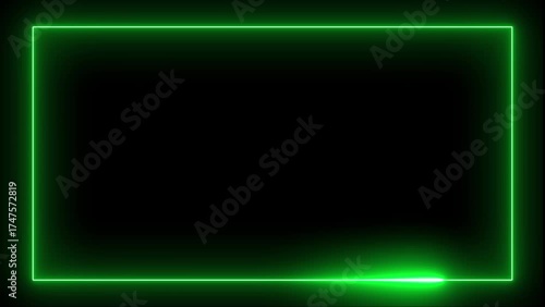 Green neon rectangular frame on black background abstract