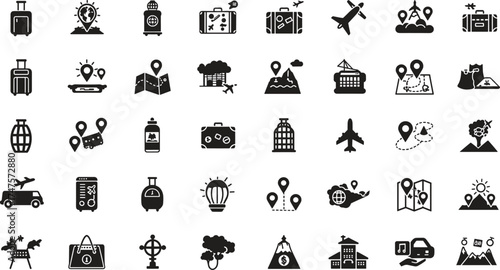 Travel icon collection, vacation elements, luggage, airplane, map, location pin, adventure, tourism, trip planning, black and white vector illustration