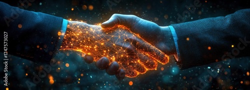 Two people in suits shaking hands with digital glowing orange network connections overlaying one hand symbolizing technology and partnership