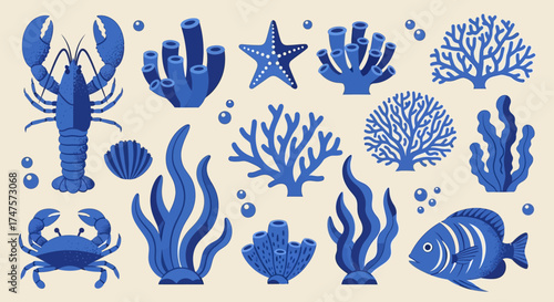 A collection of blue marine life illustrations including a lobster, crab, starfish, fish, coral, seaweed, shell, and bubbles on a beige background.
