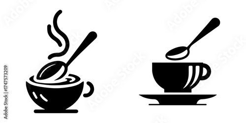 Modern Minimalist Teaspoon in Saucer Icon, Flat Silhouette of Tableware Vector for Café Illustration Design