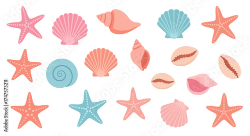 Collection of stylized seashells and starfish in pastel colors arranged on a white background.