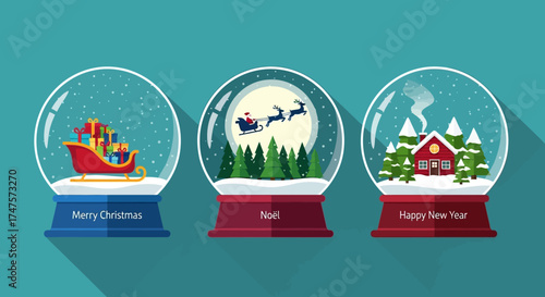 Three snow globes depicting Christmas scenes: a sleigh with gifts, Santa flying, and a cozy house with trees, all against a teal background.