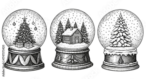Three snow globes in a row, each containing a different winter scene: a Christmas tree, a cabin in the woods, and a snow-covered fir tree.
