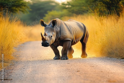 A rhinoceros walking on a dirt road surrounded by tall dry grasses and distant green trees during golden hour