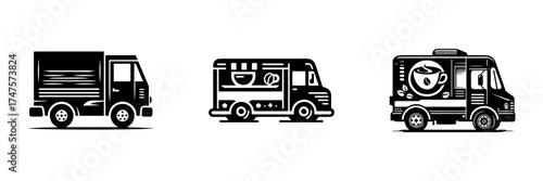 Modern Minimalist Coffee Truck Illustration Icon, Flat Silhouette of Mobile Café Vector for Street Food Illustration Design