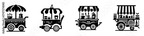 Modern Minimalist Coffee Cart Mobile Icon, Flat Silhouette of Mobile Café Vector for Street Food Illustration Design