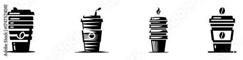 Modern Minimalist Coffee Cup Stack To Go Icon, Flat Silhouette of Drinkware Vector for Café Illustration Design
