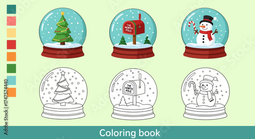Illustration of three Christmas snow globes: a tree, a mailbox, and a snowman, with corresponding line art versions for coloring.
