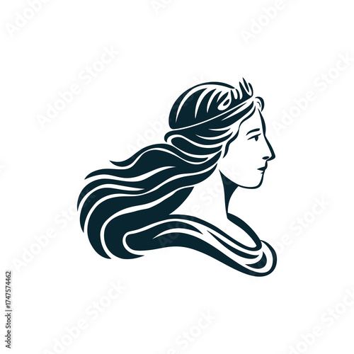 Elegant woman profile silhouette with flowing hair and crown isolated on transparent background