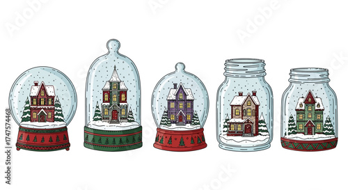 Five snow globes and mason jars containing winter scenes with houses and snow, arranged in a row on a white background.
