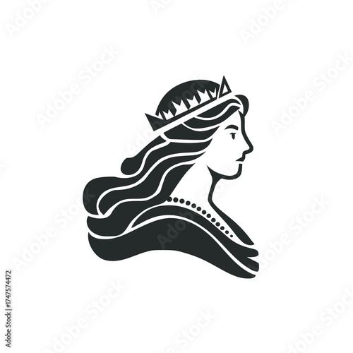 Elegant woman with crown and flowing hair silhouette isolated on transparent background