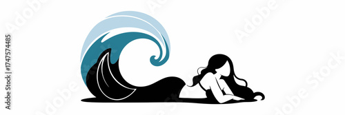 Stylized mermaid with flowing hair and tail on a wave isolated on transparent background