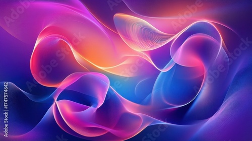 A vibrant abstract background with glowing neon lines, swirling light trails, and gradients in shades of purple, pink, and blue, creating a sense of motion and fluidity