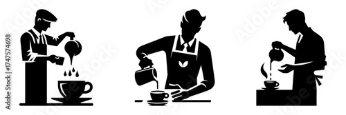 Modern Minimalist Man Pouring Coffee Icon, Flat Silhouette of a Barista Serving Drink Vector for Café Illustration Design