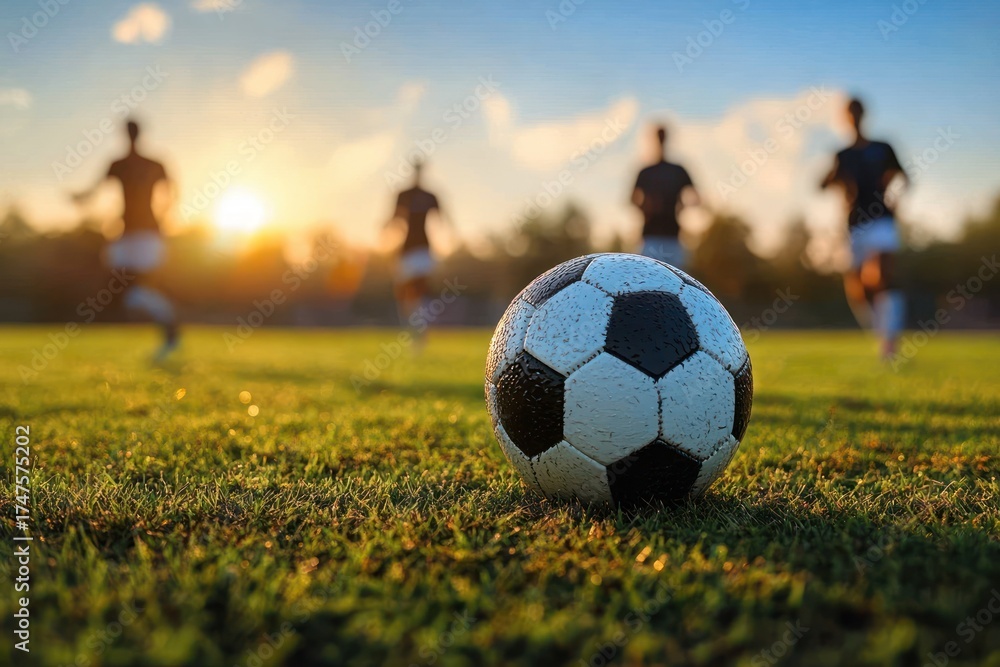 Fototapeta premium Close-up of a soccer ball on green grass field during sunset with four players running in the background spreading joy and energy