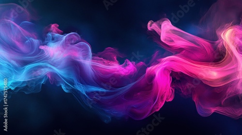 A vibrant abstract design with flowing waves of pink, purple, and blue, creating a fluid, mesmerizing effect on a dark background