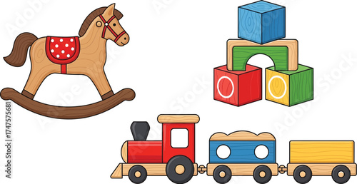 Adorable wooden rocking horse, building blocks and train toys for kids