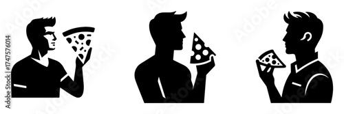 Man eating pizza slices silhouette style black and white image.