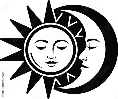 Dreamy sun and moon graphic for mystical designs or celestial events