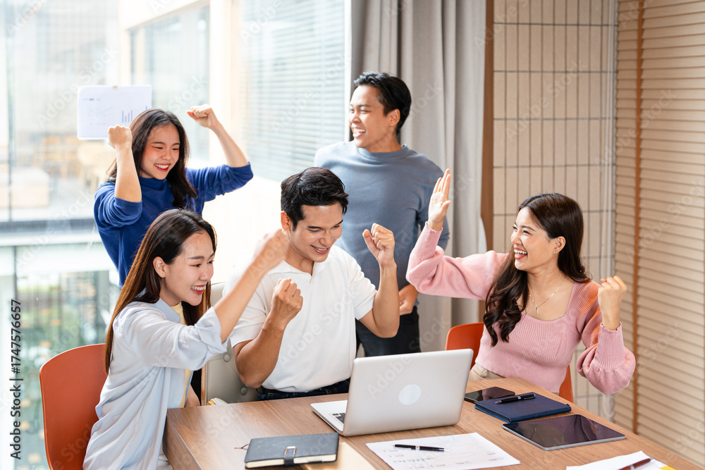 Obraz premium Creative people, success and high five in office for support, teamwork and collaboration with startup project. Concept of unity and teamwork.