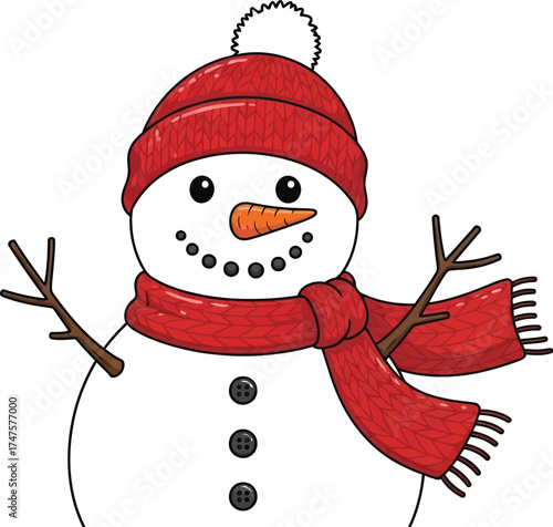 Cute snowman cartoon wearing a red hat and scarf in winter holiday season