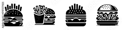 Modern Minimalist Burger with Fries Icon, Flat Silhouette of a Burger and Fries Vector for Food Illustration Design