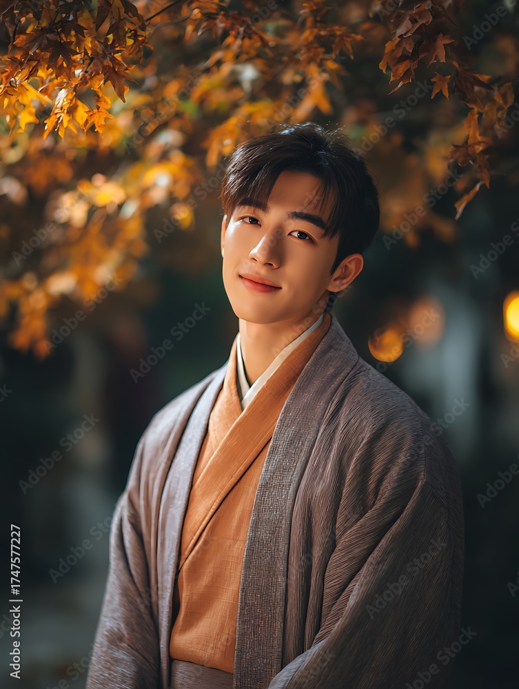 Fototapeta premium Portrait of a Handsome Man in Elegant Ancient Chinese Costume in Autumn