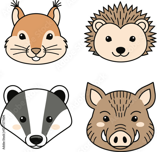 Flat Vector Head Icons of  Squirrel, Hedgehog, Badger, and Boar Simple Color And Bold Outline adorable design perfect for children's products, logos, stickers, and educational materials.