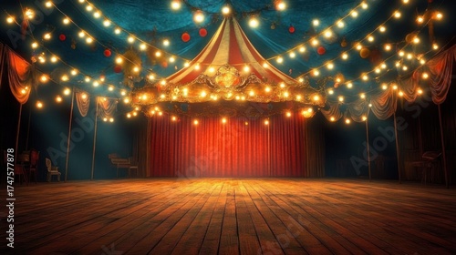 Empty vintage circus or carnival tent interior with warm glowing string lights and wooden floor under a colorful tent ceiling with red curtains