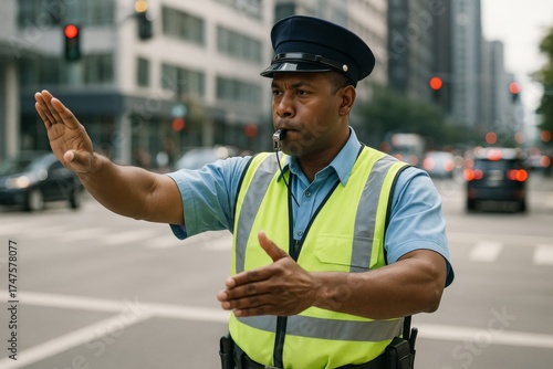 Traffic officer in uniform directing vehicles on busy city street with cars and red lights in background during daytime urban transport scene. Ai generative