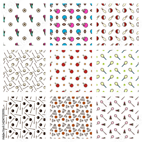 doodle pattern set of sport supplies like football or soccer with shoe, american football, bowling with the neck, golf ball, ping pong ball, tennis, billiard, basketball, badminton with the racket