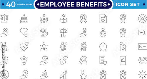 Employee benefits Outline icon set with salary, bonus, insurance, wellness, and pension symbols. Perfect for workplace design, human resource management, career growth. Editable stroke outline icon. 