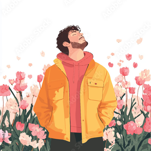  Illustrated young man in a yellow jacket feeling serene