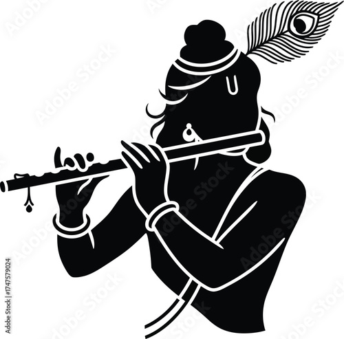Silhouette of Krishna playing flute with peacock feather in hair.