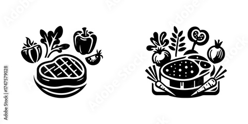 Healthy Food Icons: Steak and Vegetable Dish Illustrations.