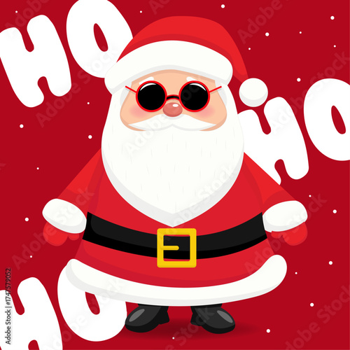A cheerful Santa Claus wearing sunglasses and a red suit, with "Ho Ho Ho" text on a red background.
