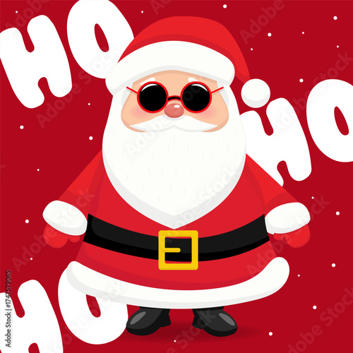 A cheerful Santa Claus wearing sunglasses and a red suit, with "Ho Ho Ho" text on a red background.