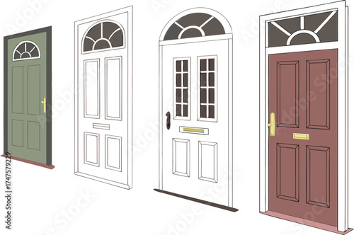 Old closed brown wooden front door frame in an entrance of a house wall