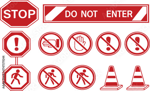 A set of red prohibition traffic signs with a no smoking symbol and a stop sign icon on a white background