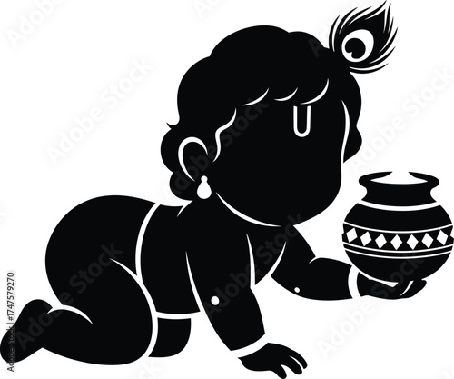 Silhouette of baby Krishna crawling with a pot of butter on a white background.